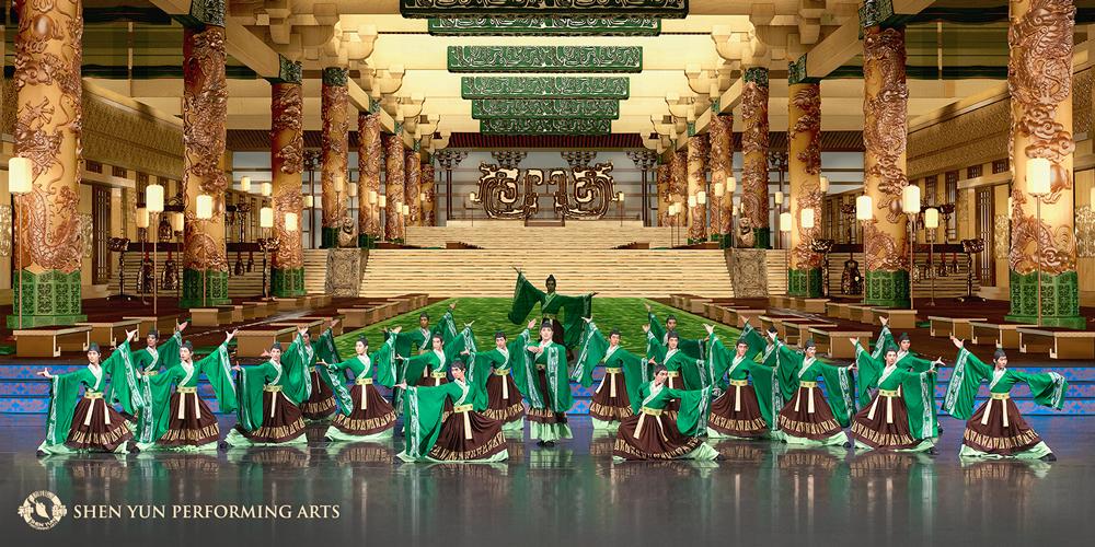 Image of traditional Chinese dancers, wearing green outfits. The background features a grand hall. 