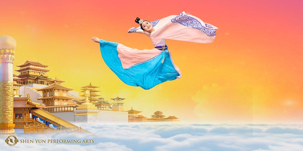 Image of traditional Chinese dancer, jumping through the air. The background features a sunset sky over a rough sea.. 