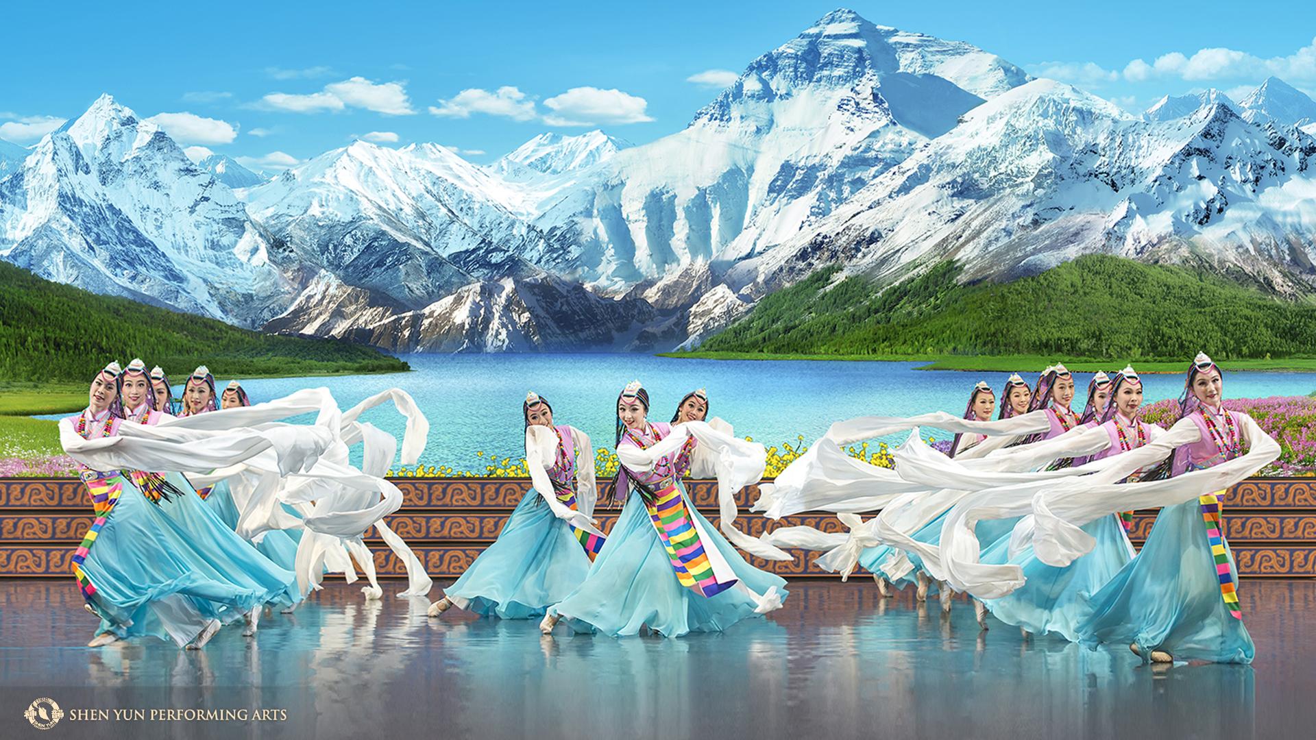 Group of dancers swirling white scarves