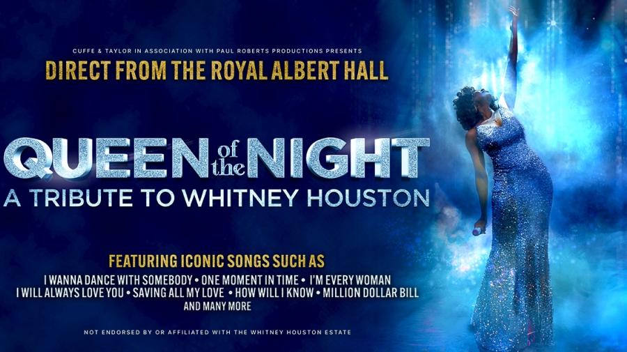 Queen of the Night Text alongside an Image of the Whitney Houston Tribute 