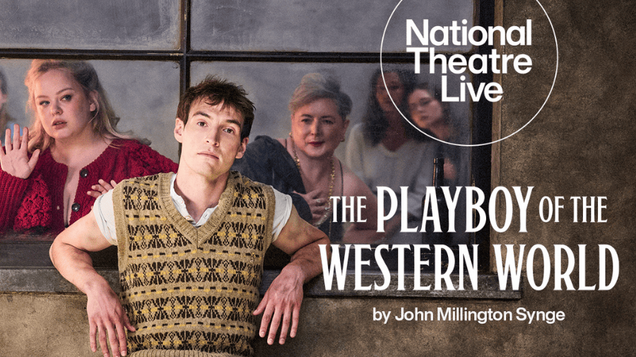 a young man in an old fashioned tank top leans back against a window. On the other side, five women including a blonde, glamourous woman  in a red dress pouts at him. Next to her, a more mature woman with short grey hair smiles lasciviously, her clothes falling off her shoulders 