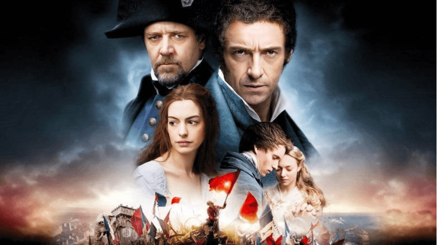 five characters from the film against a background of a dark sky and a scene from the french revolution