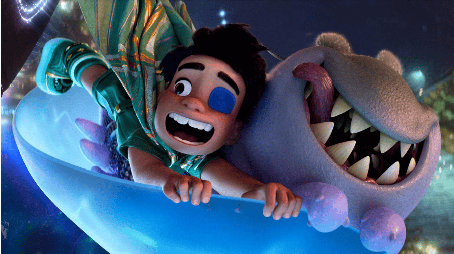 an animated boy wearing a blue eye patch has an alien next to him with a huge mouth and sharp teeth. they are holding onto some sort of sled and flying 