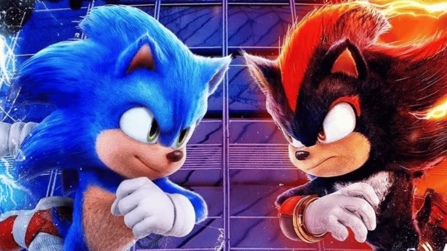 sonic the hedgehog, a blue furry animated character with white gloves and a spiky head, squares up against his rival Knuckles, a red and black animated echinda 