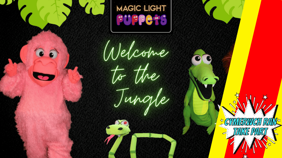 a pink fluffy monster and a luminous green snake against a black background 