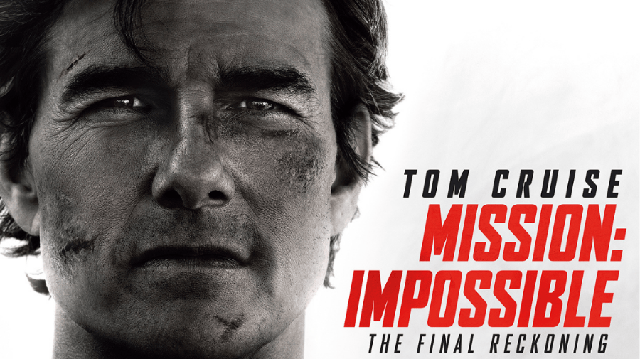 a close-up of Tom Cruise, as Ethan Hunt, with blood running down his face, staring into the camera. Mission Impossible is in large block red lettering to the lower right of the image and Tom Cruise and The Final Reckoning above and below that, in black lettering 