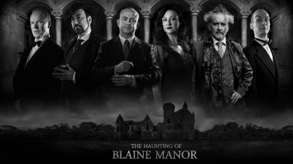image of six people stood against a spooky background of an old house