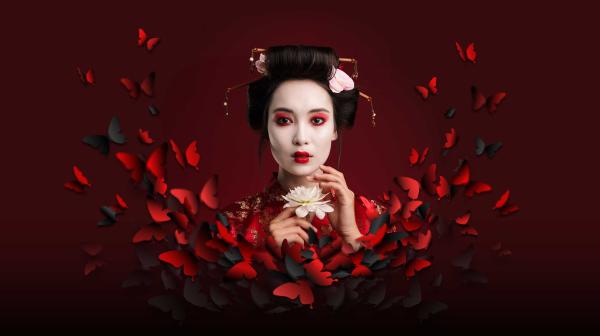 Madama Butterfly surrounded by butterflies and red back ground