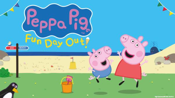 image of two cartoon pigs jumping by the seaside