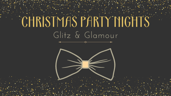 Christmas Party Nights artwork. Gold sparkles and text, against a dark grey background.