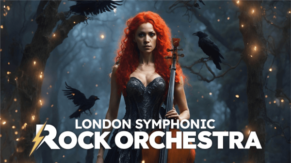 Woman with long red hair holding a cello, with black birds flying around her