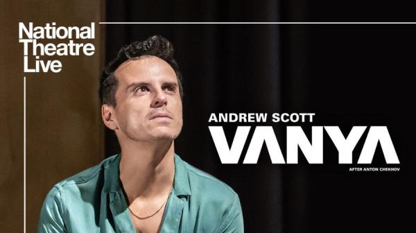 Andrew Scott as Vanya in a green shirt against a black and brown background. He's looking up into the distance 