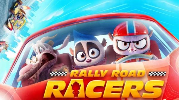 a film poster of three animals driving a red car. Behind the wheel is Slow Loris wearing a red helmet with a blue racing stripe 