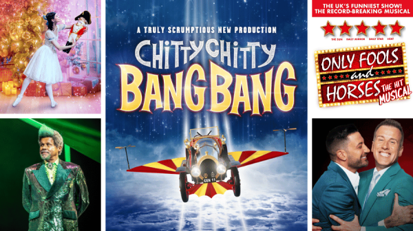 image of a three dancers, a singer and show logos for Chitty Chitty Bang Bang and Only Fools and Horses