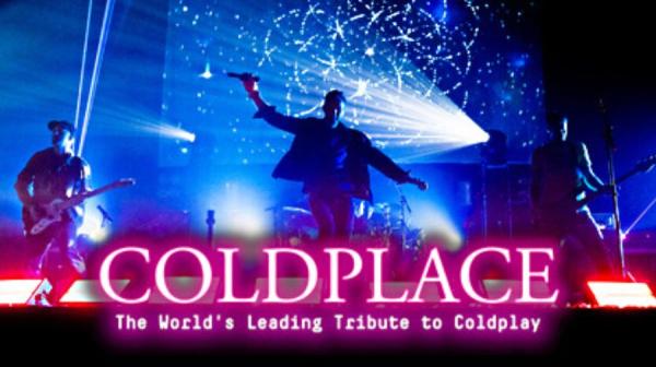Band in stage with blue lights. 'Coldplace' in neon pink font.