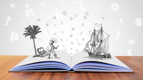 An open booked with illustrations coming out of the pages, including trees and a pirate ship.