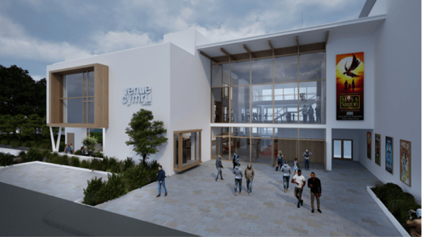 Computer generated image of the rear entrance to Venue Cymru