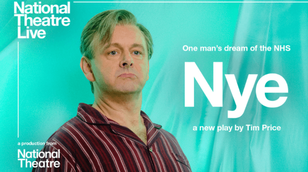 Michael Sheen in a red and black pyjama top looks off camera. The turquoise background has NYE written on it bold white letters and National Theatre Live is top left 