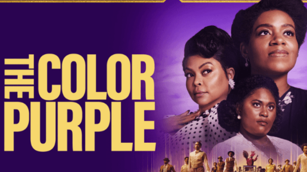 a poster for the film The Color Purple. Purple background, gold block lettering and three black women dressed in clothes of the 1940s