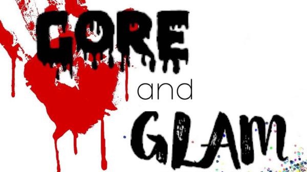 a graphic of a bloody handprint with the word gore and the word glam in black writing