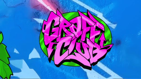 the words 'graff club' in bright pink graffiti paint against a bright blue painted background and a green leaf on the bottom left hand of the image 