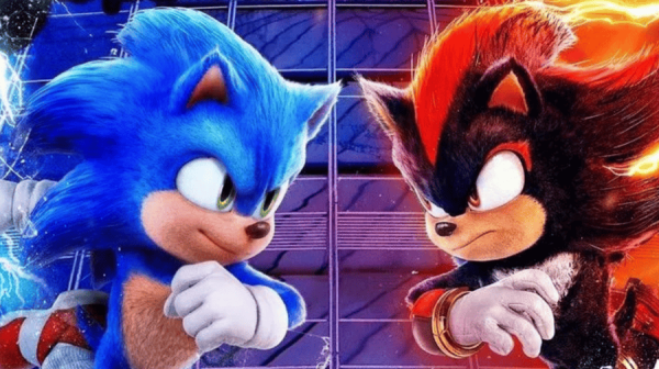 sonic the hedgehog, a blue furry animated character with white gloves and a spiky head, squares up against his rival Knuckles, a red and black animated echinda 