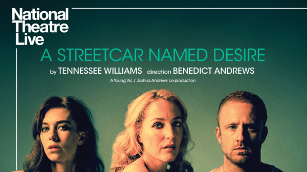 a young white woman with long dark hair, an older white woman with long blonde hair and a young white man with a shaved head stare out from the image, photographed from the head up. the background is shades of green with National Theatre Live logo top left